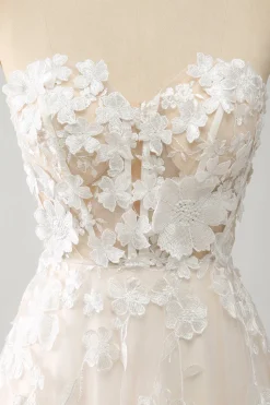 Uma linha querida longo espartilho vestido de noiva com apliques