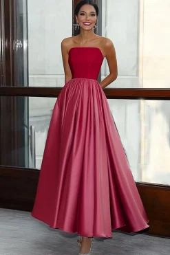 Uma linha reta sem alças cetim vermelho &rosa longo vestido de baile de gala