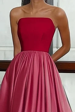Uma linha reta sem alças cetim vermelho &rosa longo vestido de baile de gala