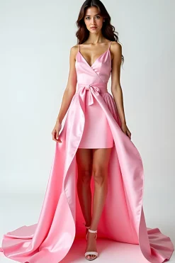 Uma linha rosa espaguete correias longo vestido de baile com trem