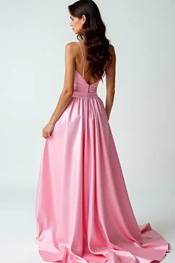 Uma linha rosa espaguete correias longo vestido de baile com trem