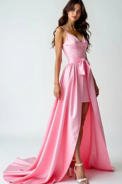 Uma linha rosa espaguete correias longo vestido de baile com trem