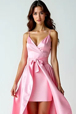 Uma linha rosa espaguete correias longo vestido de baile com trem