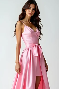 Uma linha rosa espaguete correias longo vestido de baile com trem