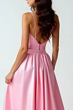 Uma linha rosa espaguete correias longo vestido de baile com trem