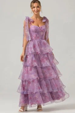 Uma linha roxa estampada Tiered Tea-Length Long Prom Dress