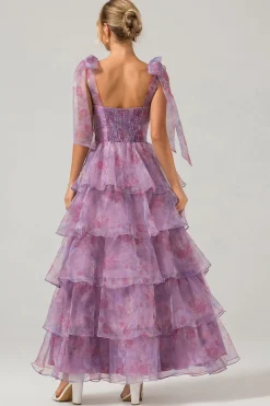 Uma linha roxa estampada Tiered Tea-Length Long Prom Dress