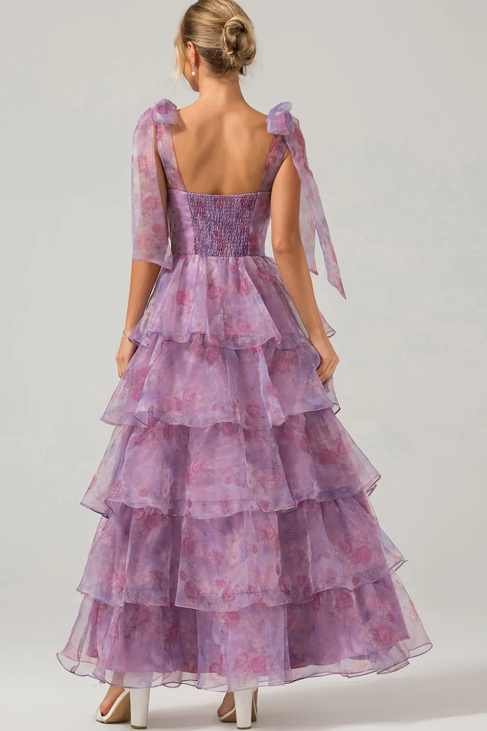 Uma linha roxa estampada Tiered Tea-Length Long Prom Dress