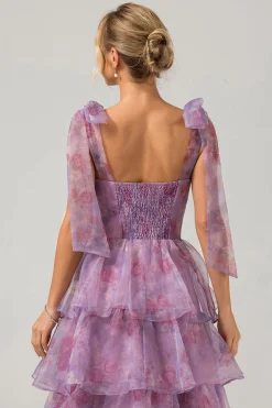 Uma linha roxa estampada Tiered Tea-Length Long Prom Dress