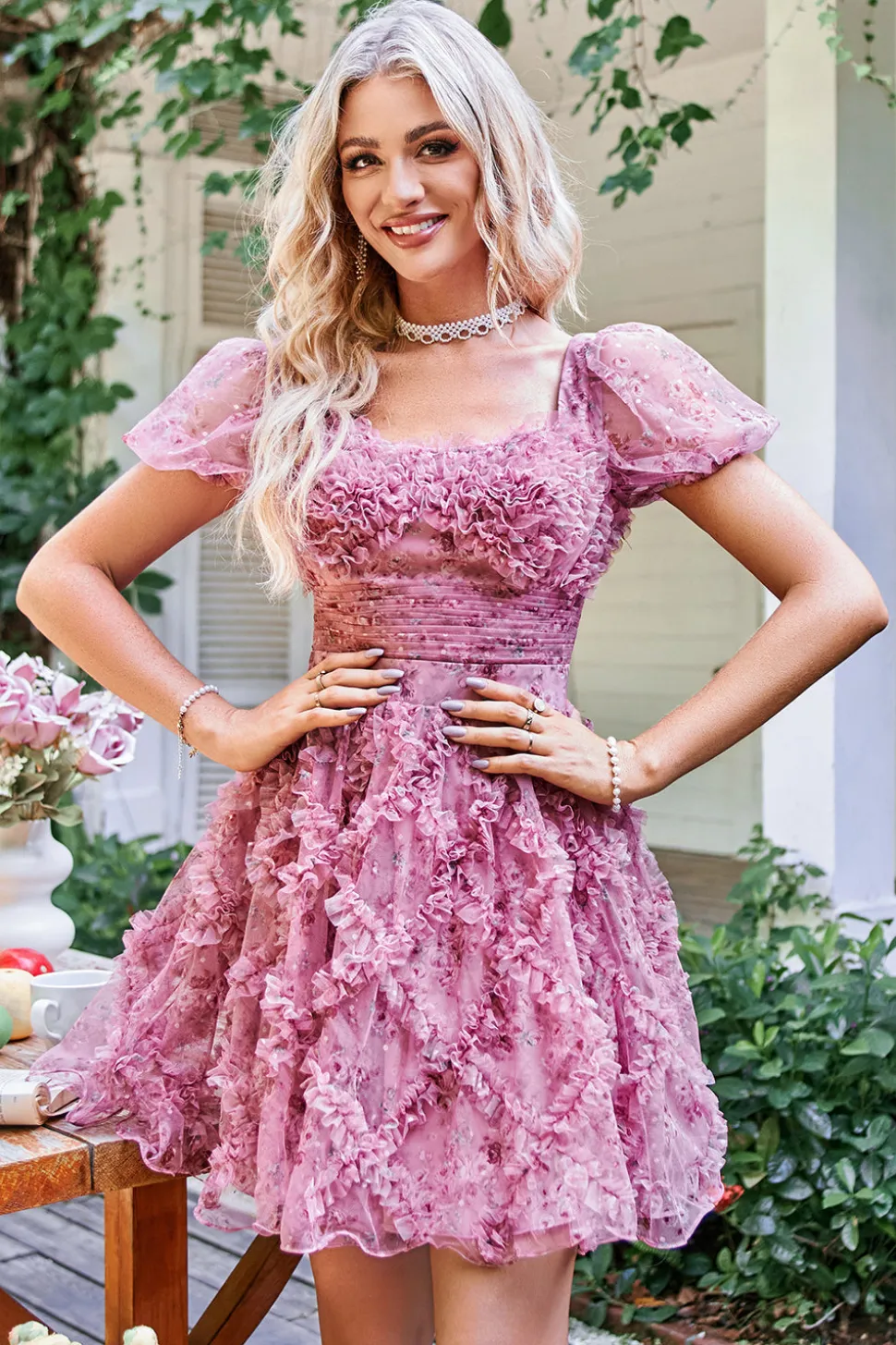 Uma linha roxa estampado Homecoming vestido com babados