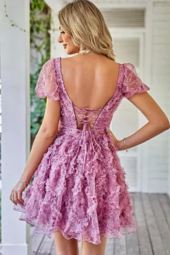 Uma linha roxa estampado Homecoming vestido com babados