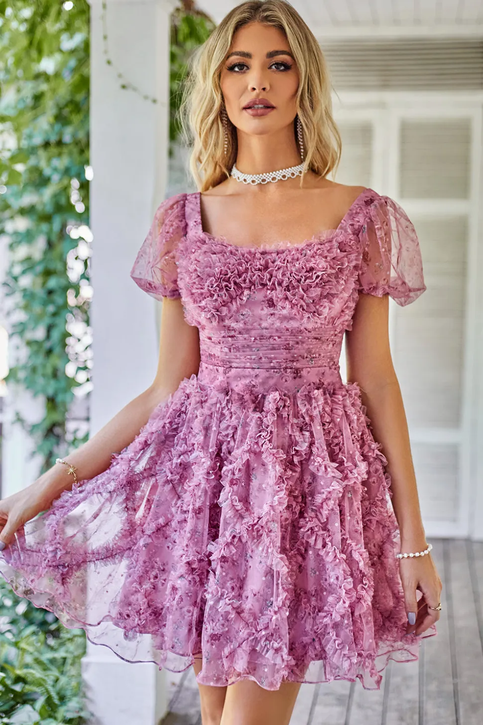 Uma linha roxa estampado Homecoming vestido com babados