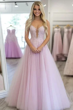 Uma linha roxo claro apliqued mangas tule longo vestido de baile