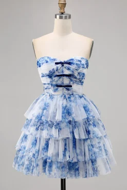 Uma linha sem alças espartilho em camadas branco azul flor Homecoming vestido com renda para trás