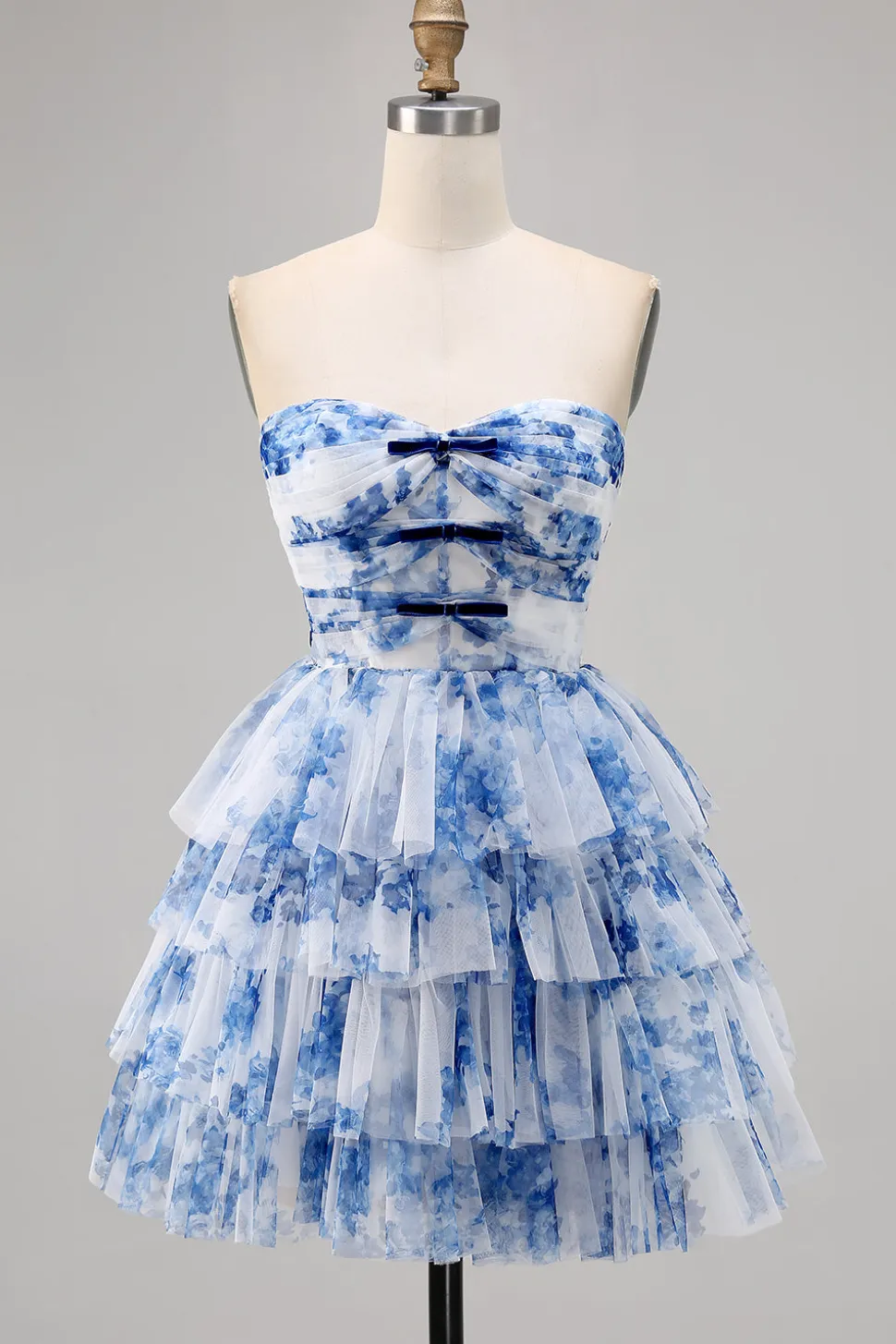 Uma linha sem alças espartilho em camadas branco azul flor Homecoming vestido com renda para trás