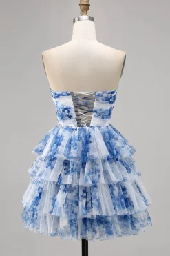 Uma linha sem alças espartilho em camadas branco azul flor Homecoming vestido com renda para trás