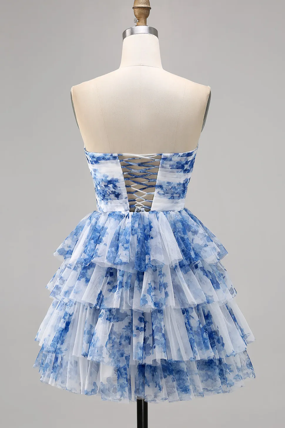 Uma linha sem alças espartilho em camadas branco azul flor Homecoming vestido com renda para trás