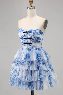 Uma linha sem alças espartilho em camadas branco azul flor Homecoming vestido com renda para trás