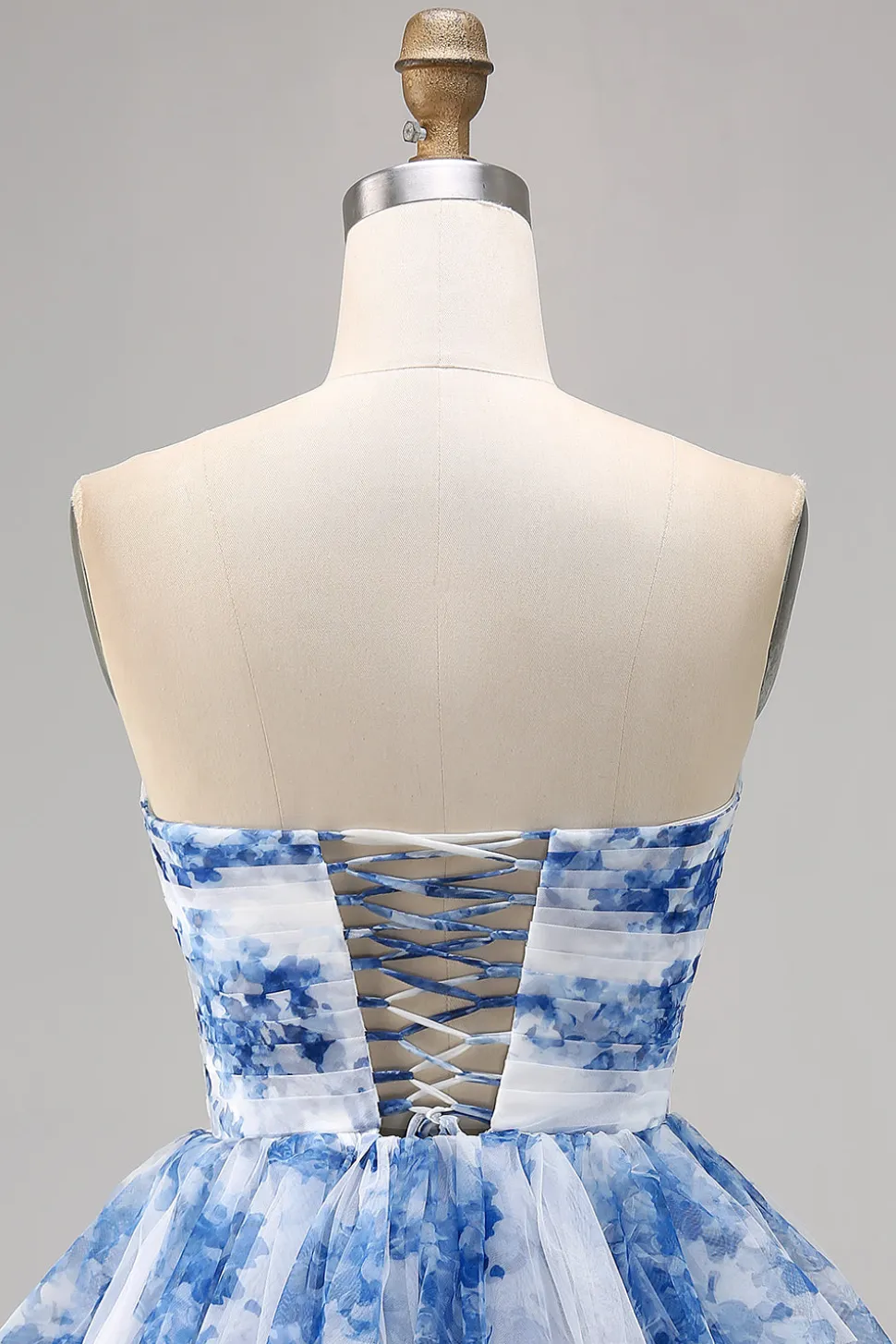 Uma linha sem alças espartilho em camadas branco azul flor Homecoming vestido com renda para trás