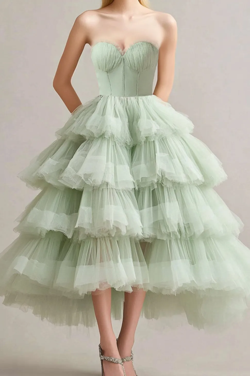 Uma linha sálvia sem alças em camadas babados tule vestido formal