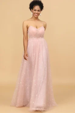 Uma linha spaghetti alças blush longo vestido de dama de honra