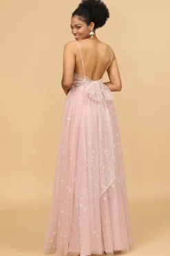 Uma linha spaghetti alças blush longo vestido de dama de honra