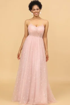 Uma linha spaghetti alças blush longo vestido de dama de honra