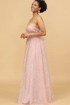 Uma linha spaghetti alças blush longo vestido de dama de honra