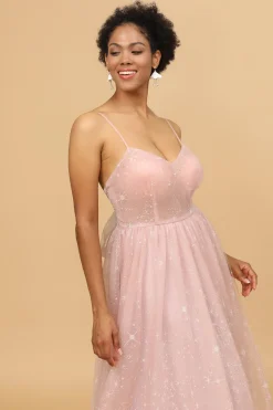 Uma linha spaghetti alças blush longo vestido de dama de honra