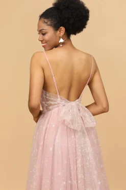 Uma linha spaghetti alças blush longo vestido de dama de honra