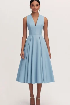 Uma linha V pescoço azul plissado formal vestido de festa