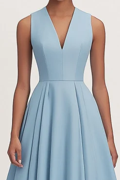Uma linha V pescoço azul plissado formal vestido de festa