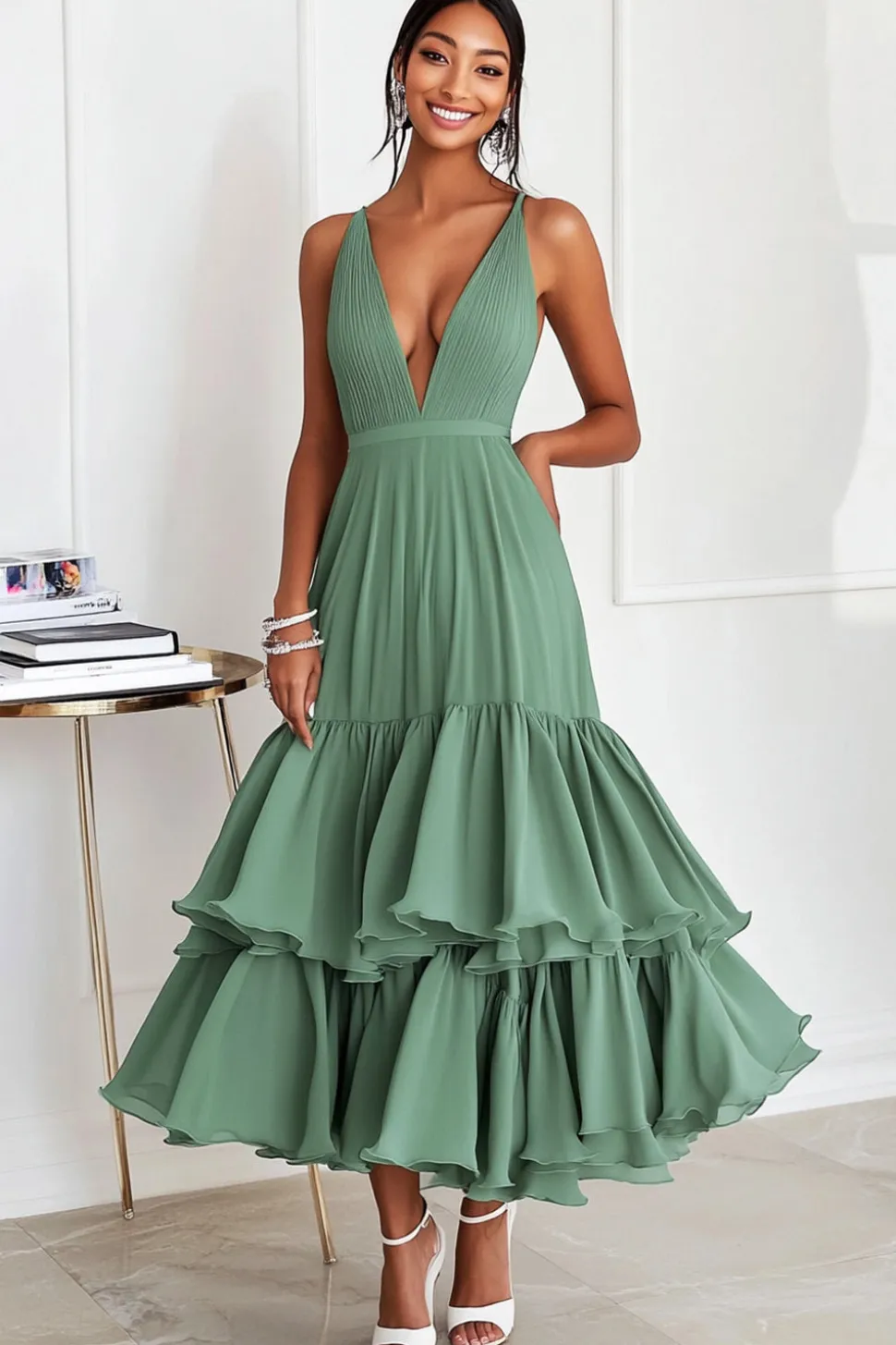 Uma linha verde alças espaguete plissado longo chiffon longo vestido formal