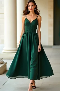 Uma linha verde escuro alças espaguete renda longo vestido formal