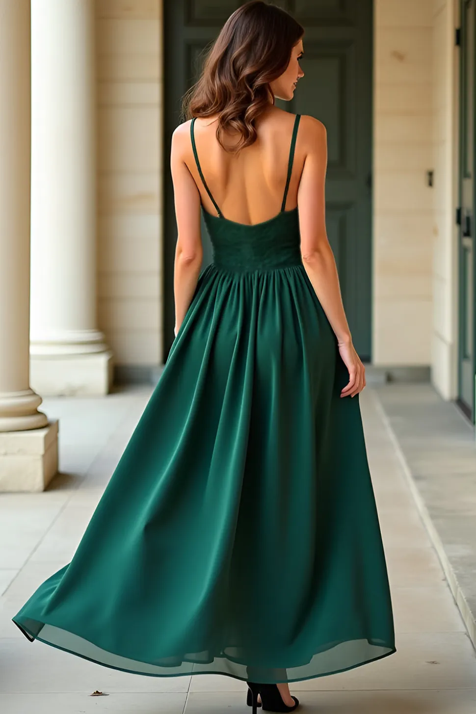 Uma linha verde escuro alças espaguete renda longo vestido formal