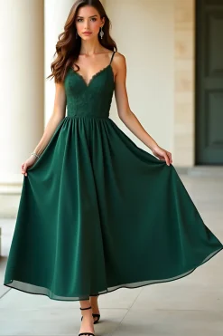 Uma linha verde escuro alças espaguete renda longo vestido formal