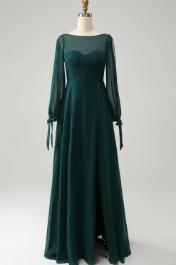 Uma linha verde escuro Bateau pescoço Chiffon vestido de dama de honra com fenda