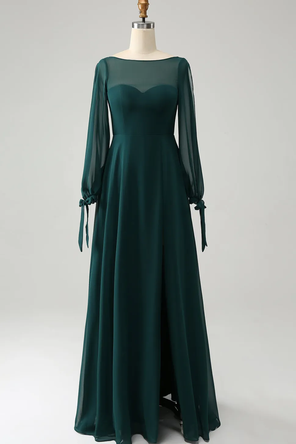Uma linha verde escuro Bateau pescoço Chiffon vestido de dama de honra com fenda