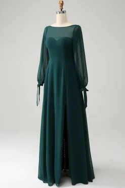 Uma linha verde escuro Bateau pescoço Chiffon vestido de dama de honra com fenda