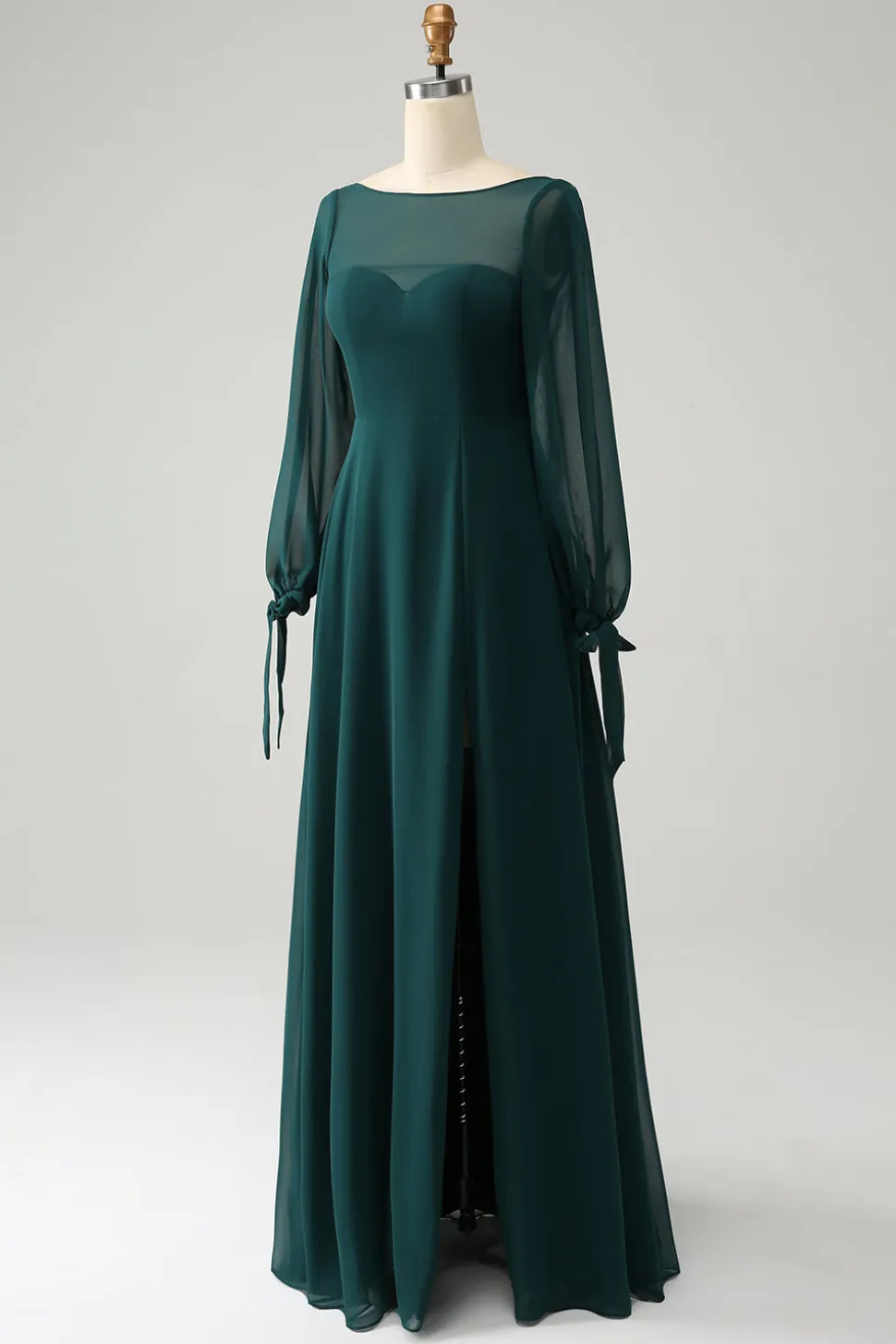Uma linha verde escuro Bateau pescoço Chiffon vestido de dama de honra com fenda