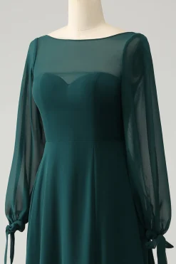 Uma linha verde escuro Bateau pescoço Chiffon vestido de dama de honra com fenda