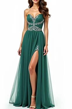 Uma linha verde escuro sem alças Appliqued Long Prom Dress com fenda