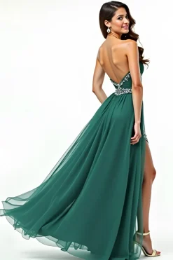 Uma linha verde escuro sem alças Appliqued Long Prom Dress com fenda