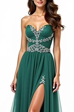 Uma linha verde escuro sem alças Appliqued Long Prom Dress com fenda
