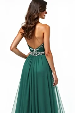 Uma linha verde escuro sem alças Appliqued Long Prom Dress com fenda