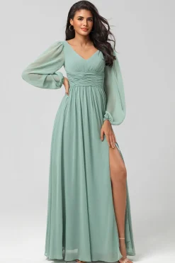 Uma linha verde mangas compridas vestido de dama de honra com fenda
