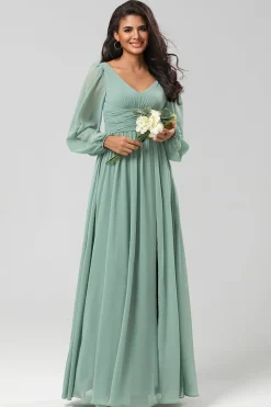 Uma linha verde mangas compridas vestido de dama de honra com fenda