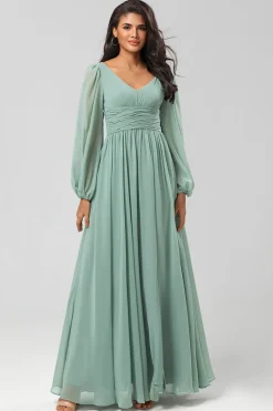 Uma linha verde mangas compridas vestido de dama de honra com fenda