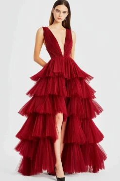 Uma linha vermelha espaguete alças tule vestido formal com fenda
