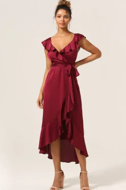 Uma linha V-Neck vestido de dama de honra Borgonha com babados
